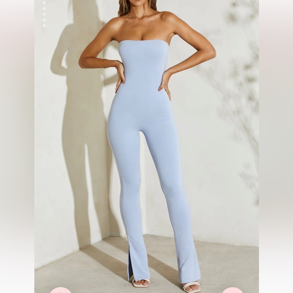 ISO Oh Polly Jamila Light Blue Strapless Flared Hem Jumpsuit
